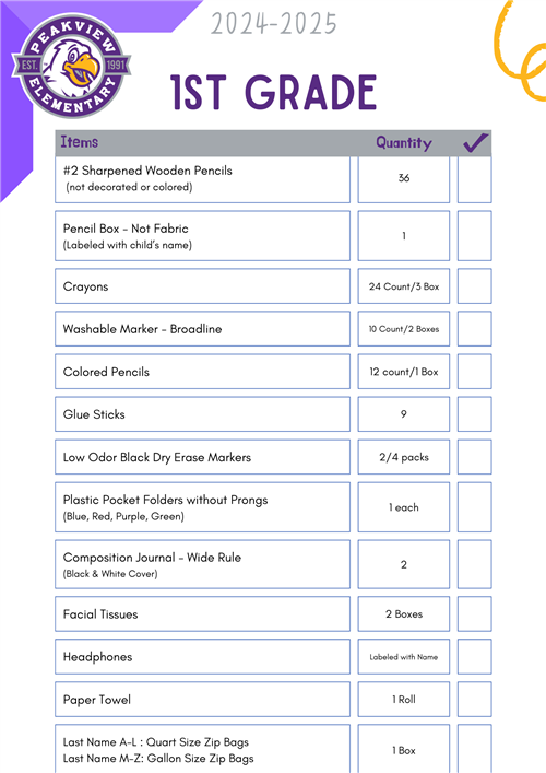 1St Grade Supply List